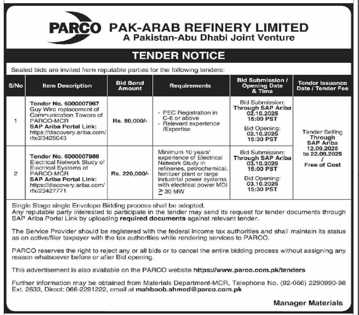 Pak Arab Refinery Limited Tender Notice